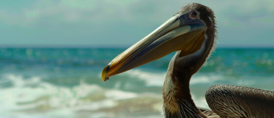 Profile view of a brown pelican with its prominent bill against a blurred ocean backdrop.