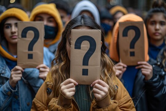 A diverse group of people stand together, their faces obscured by cardboard boxes with question marks, conveying a sense of mystery or anonymity