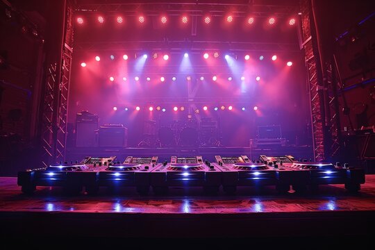 An empty concert stage lit by pink and blue spotlights with musical instruments and a drum set ready for a live performance