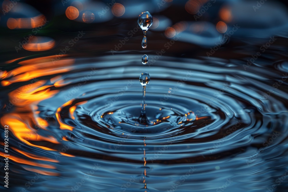 Poster a close-up photo capturing the dynamic movement of water droplets creating ripples in a reflective w