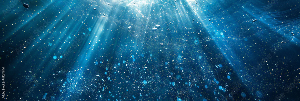 Poster blue background with white light rays and dust particles, color gradient rough abstract background s
