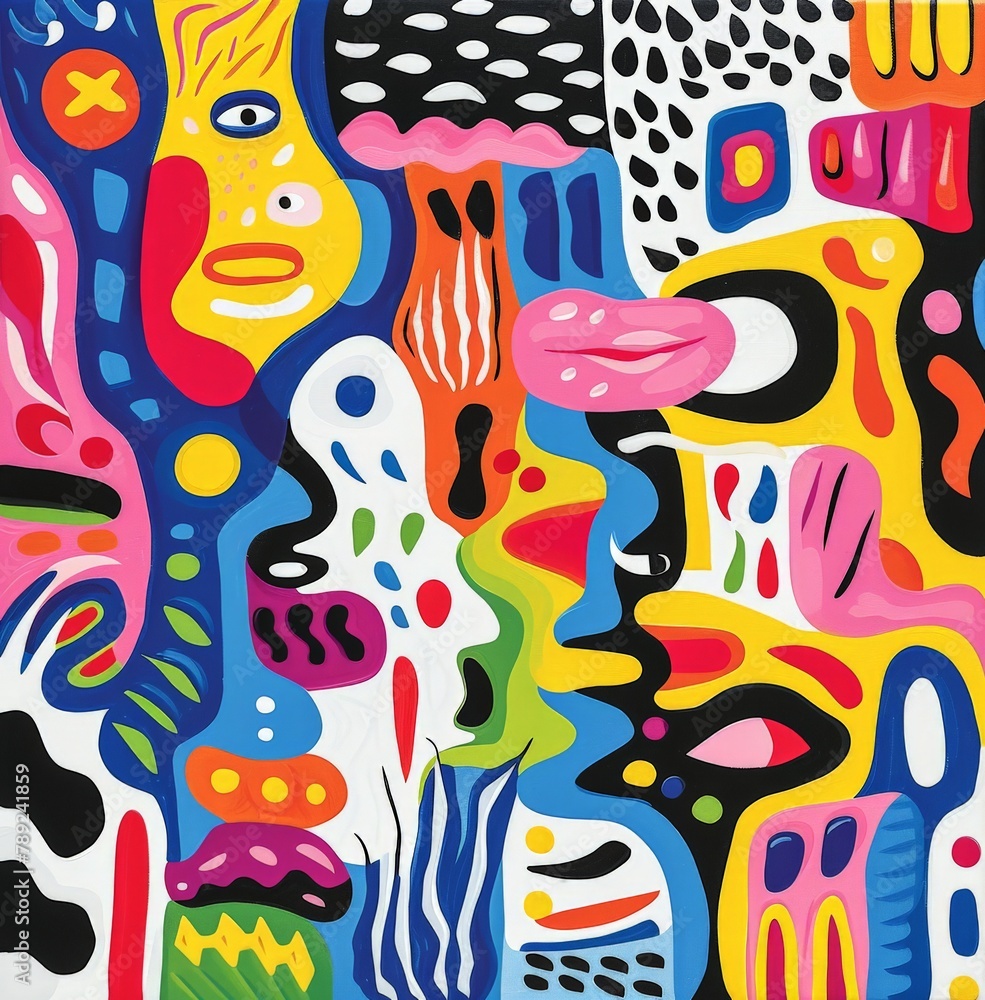 Poster vibrant and intriguing abstract composition with a variety of colors and shapes on a white backgroun