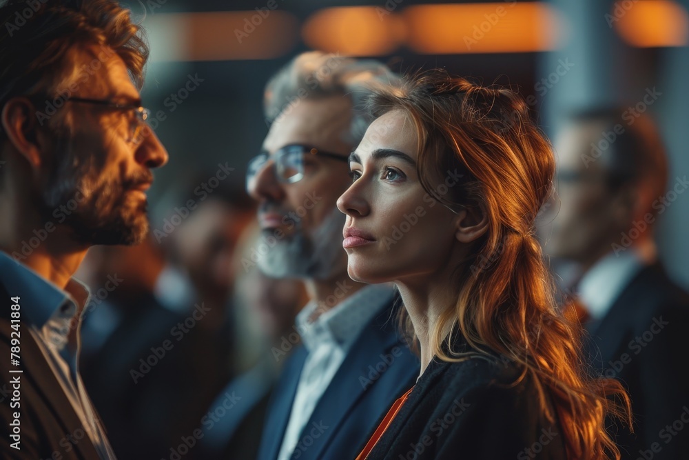 Poster several individuals are engaged in conversation at a networking event, set in a dimly-lit atmospheri