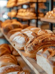 A delightful showcase of an extensive selection of artisanal breads, featuring an array of shapes, sizes, and textures in a cozy bakery setting.
