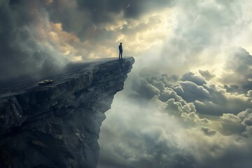 : A tense scene of a person standing on a narrow ledge, with a sheer drop below, and a stormy sky overhead - obrazy, fototapety, plakaty