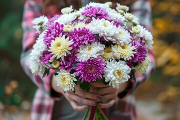 A woman hands gently hold a vibrant bouquet of chrysanthemums