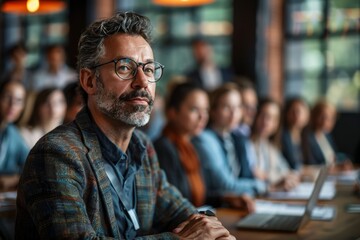 Fototapeta premium A mature, stylish man with glasses is captured at a business conference, embodying wisdom and experienced leadership