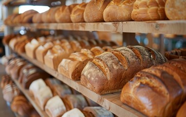 A lineup of crisp, golden-crusted artisan breads, their intricate scoring and natural textures creating a visually appealing display in a quaint bakery setting.