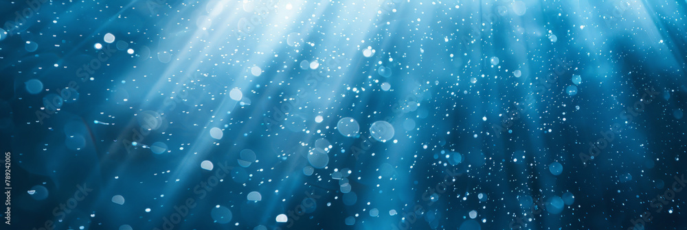 Poster blue background with white light rays and dust particles, color gradient rough abstract background s