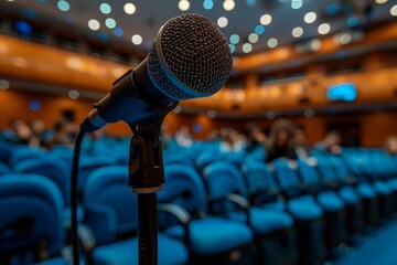 A focused image of a microphone in a conference hall with blurred audience seating in the background