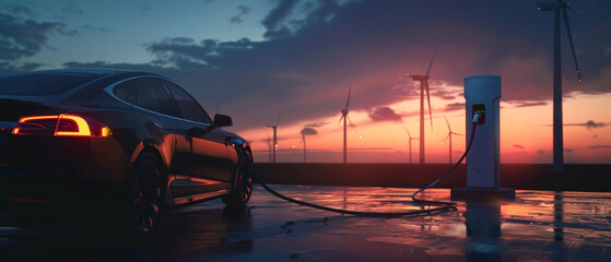 An electric car basks in the serene twilight, connected to a charging point with windmills stretching into the orange horizon.