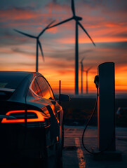 An eco-friendly electric car charges against a backdrop of wind turbines and a stunning sunset sky.