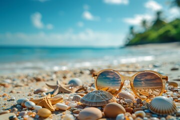 Fototapeta na wymiar A sunny beach scene with sunglasses, starfish, and seashells scattered on the sand exemplifying summer vibes and relaxation
