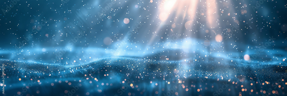 Poster blue background with white light rays and dust particles, color gradient rough abstract background s