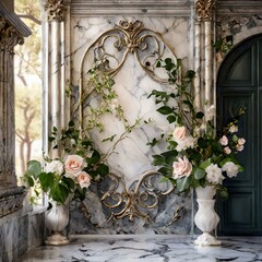 Wall Decor with Marble and Delicate Flower Designs, decoration - obrazy, fototapety, plakaty
