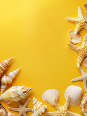 An aesthetically pleasing spread of seashells and starfish on a yellow hue, evoking the warmth of tropical beaches. Copy space for advertising, presentation product or text.