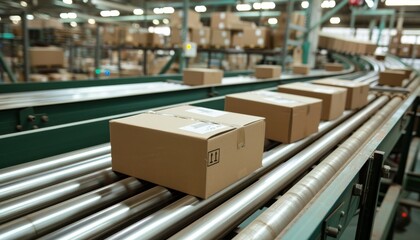 Automated e commerce warehouse  conveyor belt, rows of cardboard packages for efficient logistics