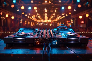 A high-end DJ sound mixer on a wooden surface with a spectacular concert lighting in the background