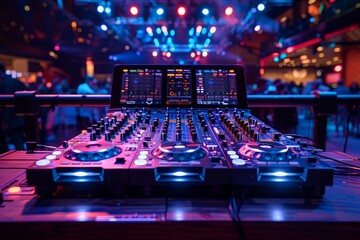 An illuminated DJ mixer panel with colorful lights in the background sets the stage for a lively event at a nightclub - obrazy, fototapety, plakaty