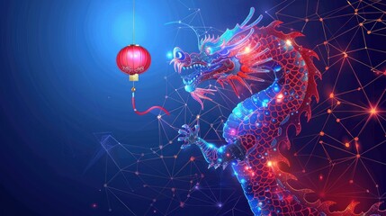 Circle dragon holds a Chinese lantern in its mouth. Polygonal design of interconnected lines and points. AI generated - obrazy, fototapety, plakaty