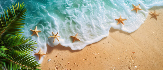 Pristine beach with turquoise waters, foamy waves, and starfish adorning the shore beneath palm fronds. Copy space for advertising, presentation product or text.