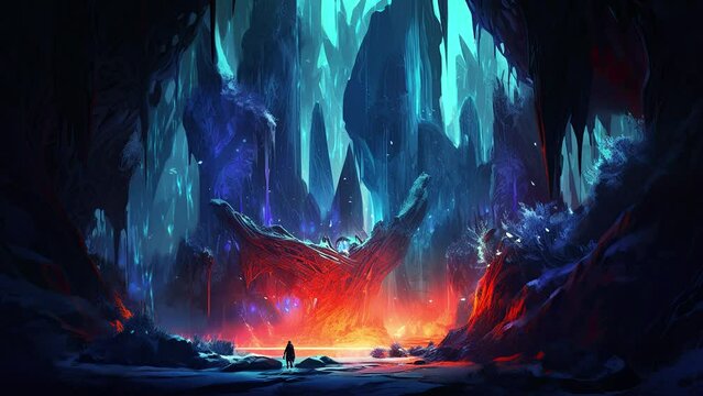Fantasy landscape with beautiful and gloating glowing blue rocks. Magical and atmospheric loop video.