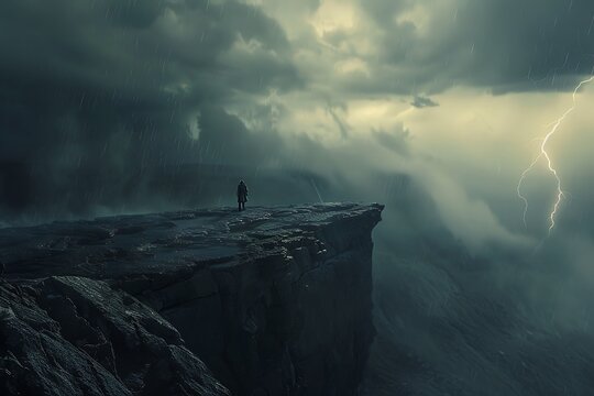 : A tense scene of a lone figure standing on a cliff, with a dark, ominous sky overhead, and a lightning bolt striking in the distance