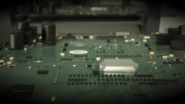Macro Shot of Automatic Pick and Place machine quickly installs Components on Circuit Board. While board moving through Assembly Line. Electronics and Circuit board Manufacturing Factory.