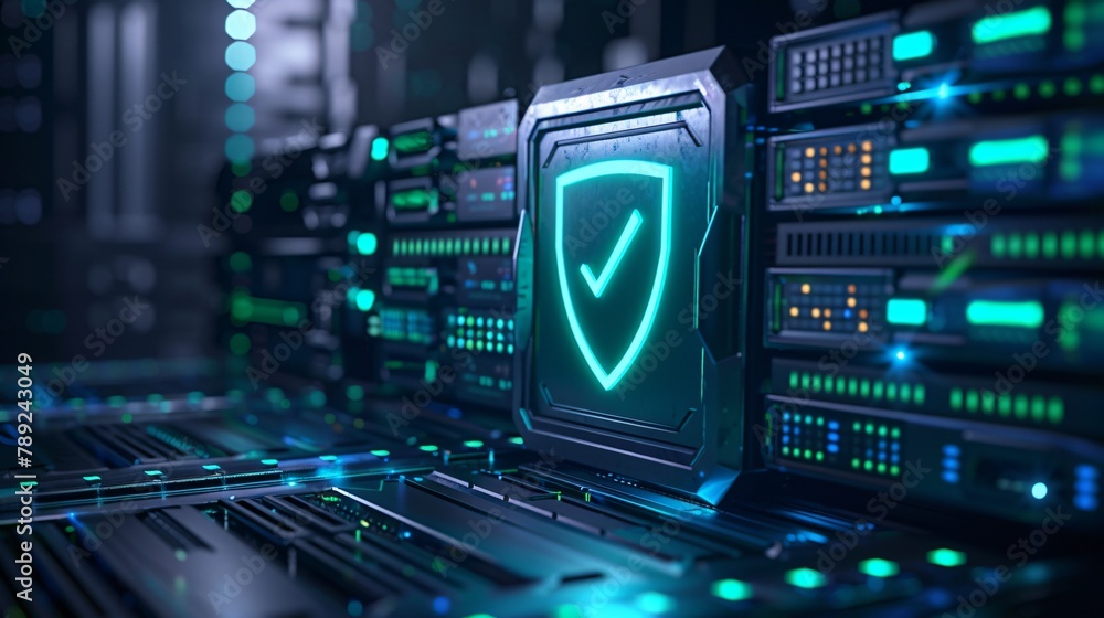 Poster a glowing green checkmark on a server rack in a data center.