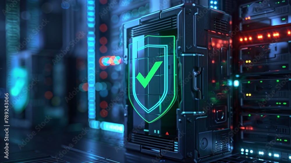Poster a glowing green checkmark on a server rack in a futuristic data center.