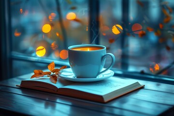 Obraz premium An atmospheric image of a hot tea cup and an open book on a windowsill, with warm light and autumn leaves