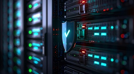 Fototapeta premium A glowing green checkmark on a server rack with a dark background.