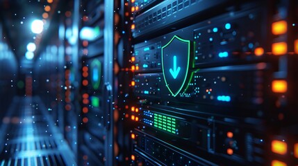 Fototapeta premium A server room with a green shield with a downward arrow on it.