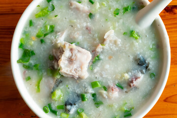 top view porridge with fish at horizontal composition