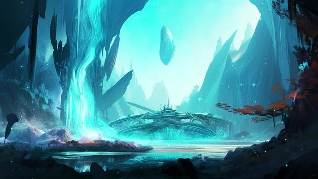 Fantasy landscape with beautiful and gloating glowing blue rocks. Magical and atmospheric loop video.