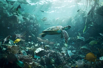 Fotobehang Underwater Havoc: Unmasking the Harrowing Impact of Plastic Pollution on Marine Life © Edith