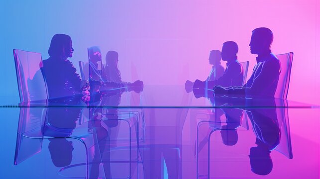 3D glass tech poster - 5 glass people meeting on glass table. Blue/purple gradient bg. 3D rendered in C4D/Blender. Simple, advanced lighting, frosted glass material