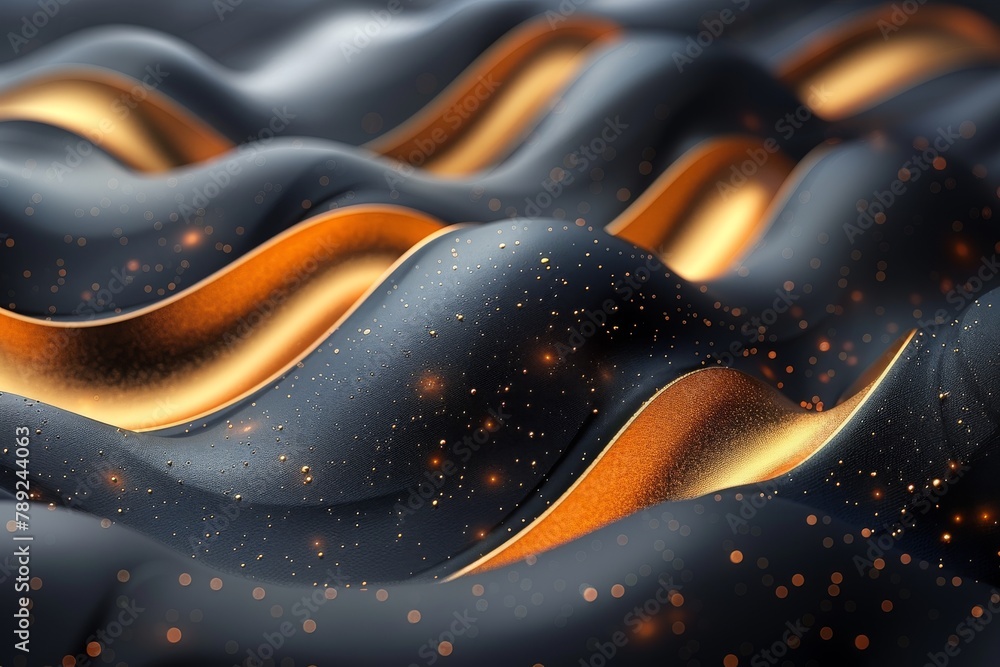 Poster abstract 3d rendering of golden waves with sparkling particles, conveying luxury and elegance