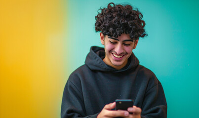  a young Moroccan man age 20’s with black hair, texting with phone, and feels warming and happy, in blurred studio background with blue or yellow or light green or pin ambiance colors