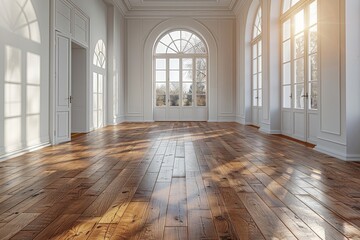 An elegant empty room featuring large windows, wooden floors, and a play of daylight creating a welcoming atmosphere