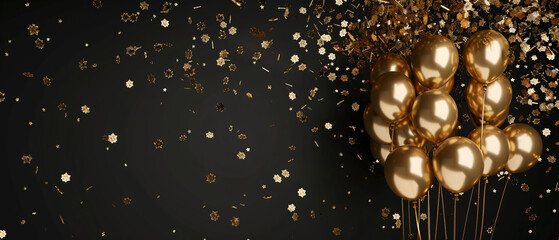 Fototapeta na wymiar Gold balloon and foil confetti falling on black background
