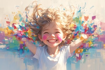 A young child with arms raised in joy, surrounded by an explosion of colorful paint and abstract shapes, creating a sense of wonder against the backdrop of their creative journey.