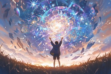 A young child with arms raised in joy, surrounded by an explosion of colorful paint and energy. Abstract background depicting the universe.
