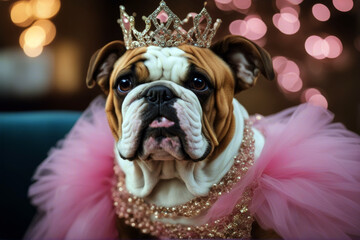 wig bulldog ugly tutu princess dressed canino expression blond pedigree girl emotion domestic card purebred costume face animal spoiled portrait wrinkly weird puppy hair bored - obrazy, fototapety, plakaty
