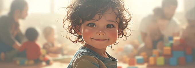 A young child with curly hair, wearing light colored and smiling at the camera in an indoor setting filled with toys and play structures.  - obrazy, fototapety, plakaty