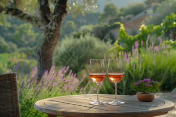Two glasses of French rose wine on a table outdoors in a garden in Provence with fresh blooming lavenders in summer - 789245051
