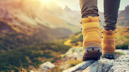 Rear view of a person's legs in yellow hiking boots walking in beautiful Swiss mountains in autumn - 789245055