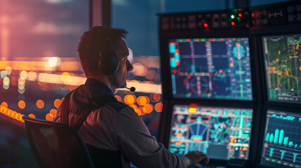 Air traffic controller operating in the control tower at the airport, supervising flights of airplanes - obrazy, fototapety, plakaty
