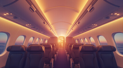 Spacious clean interior of a flying passenger aircfaft with empty seats in business class at sunset - 789245062