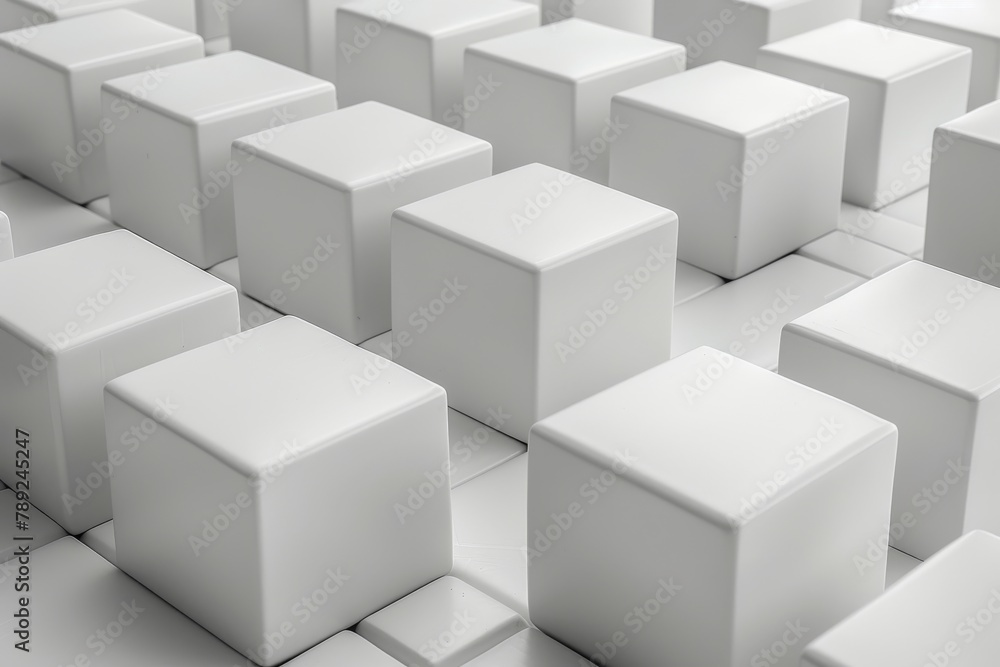 Poster this image features a sleek and modern array of white cubes, uniformly spaced in a clean, minimalist